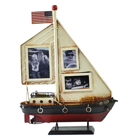 Dekoratif Resim Çerçeveli Metal Yelkenli Gemi 35cm