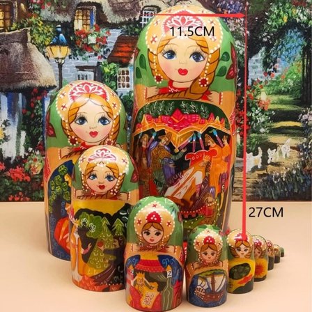 Onlu Ahşap Matruşka Bebek Seti Büyük 27cm Lüks Renkli 10 Parça L27