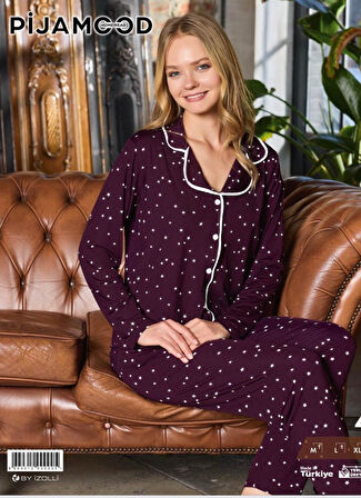 Pijamood Kadın Milan Kumaş Önü Düğmeli Mevsimlik Uzun Kol Pijama Takımı