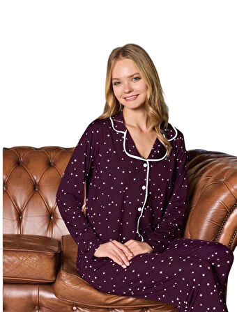 Pijamood Kadın Milan Kumaş Önü Düğmeli Mevsimlik Uzun Kol Pijama Takımı