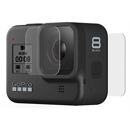 Gopro Tempered Glass Lens + Screen Protectors Ekran + Lens Koruyucu Dayanıklı Cam Filtre (Hero8 Black)