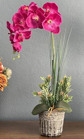 Yapay Çiçek Fuşya Orkide Seramik Saksıda Tek Dal Orkide 60cm