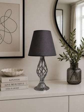 Füme Kumaş Başlık Metal Burgulu Ayaklı Modern Abajur 50x25cm