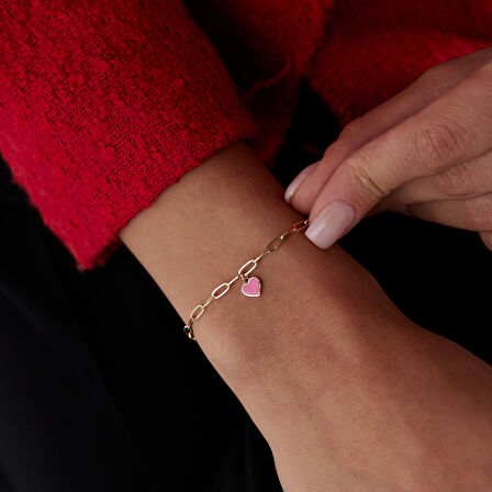 Pembe Mineli Kalp Charm Bileklik