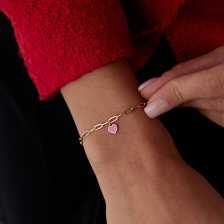 Pembe Mineli Kalp Charm Bileklik