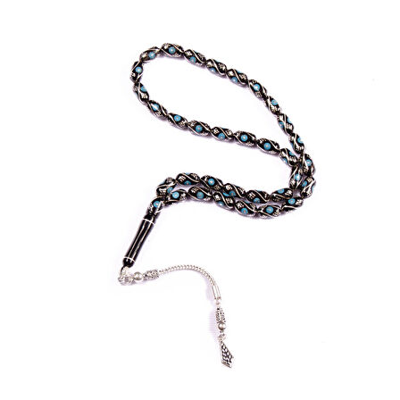 Kapsül Kesim 11x6 mm İşlemeli Erzurum Oltu Taşı  Gümüş Püsküllü Tesbih