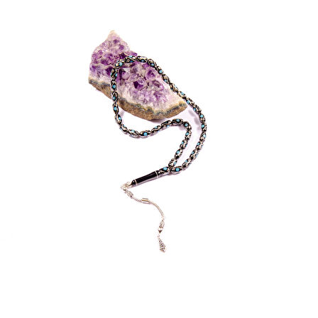 Kapsül Kesim 11x6 mm İşlemeli Erzurum Oltu Taşı  Gümüş Püsküllü Tesbih