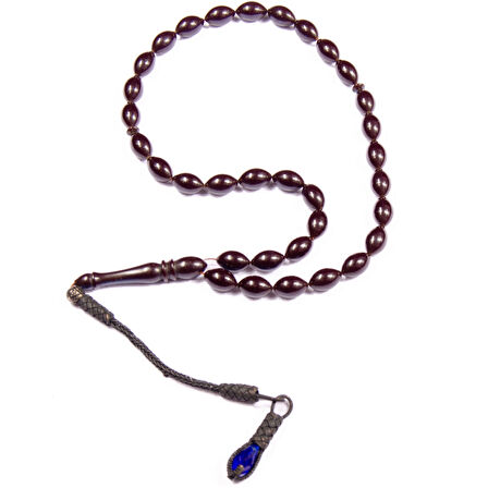 Arpa Kesim 11x7 mm  Ateş Kehribarı 34 Cm Alpaka Püsküllü Tesbih 