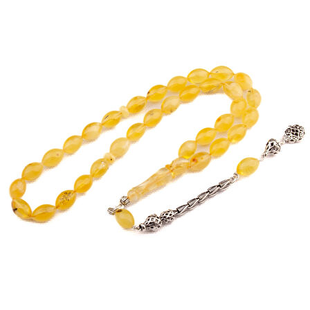Arpa Kesim 12x8 mm Damla Kehribar Gümüş Püsküllü Tesbih 18,40 GRAM