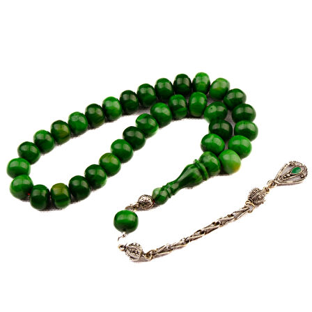 Tekerlek Kesim 10x8 mm Sıkma Kehribar Alpaka Püsküllü Tesbih 