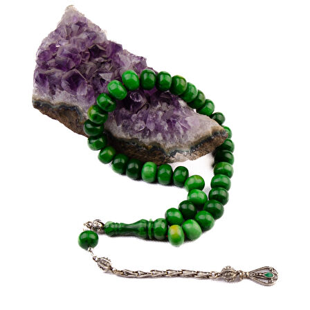 Tekerlek Kesim 10x8 mm Sıkma Kehribar Alpaka Püsküllü Tesbih 