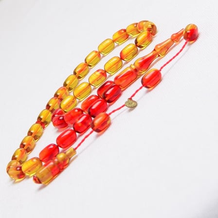 Kapsül Kesim 11x7 mm Sarı Kırmızı İmzalı Seri Ateş Kehribar Sistem Püsküllü Tesbih
