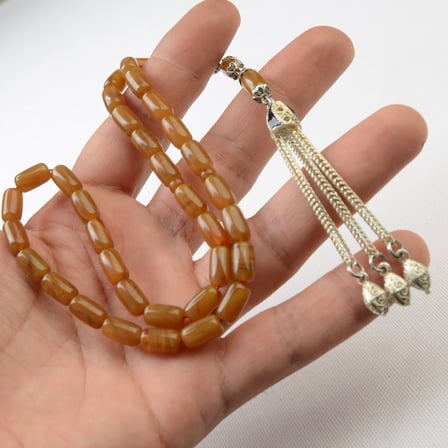 Kapsül Kesim 10X6 mm Hareli Sıkma Kehribar Alpaka Püsküllü Tesbih