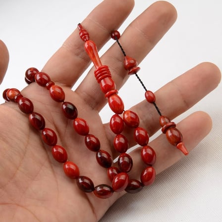 Arpa Kesim 11X8 mm Hareli Sıkma Kehribar Sistem  Püsküllü Tesbih