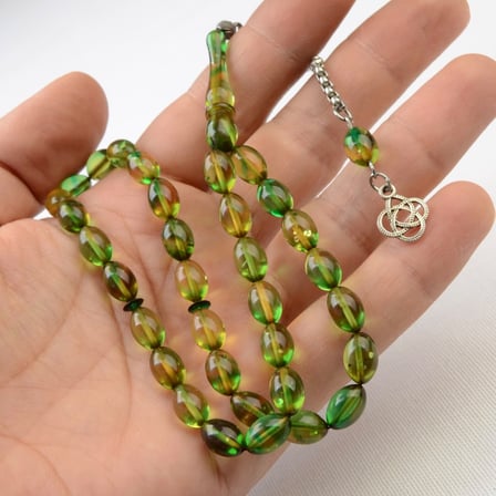 Arpa Kesim 11X7 mm  Ateş Kehribar Alpaka Püsküllü Tesbih