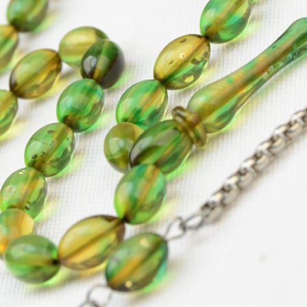 Arpa Kesim 11X7 mm  Ateş Kehribar Alpaka Püsküllü Tesbih