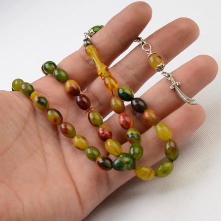 Arpa  Kesim 10X7 mm Hareli Sıkma Kehribar Alpaka Püsküllü Tesbih
