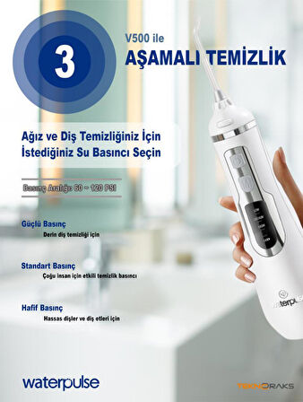 WaterPulse WP-V500-W Water Flosser Taşınabilir, Şarjlı, Masajlı, Diş Protez Bakım ve Ağız Duşu-Beyaz