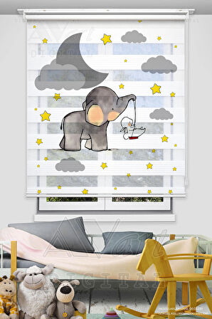 Sevimli Fil Ve Tavşan Baskılı Çocuk Odası Perdesi - Dijital Baskılı Zebra Stor Perde