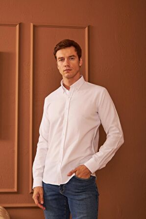 Erkek Kolay Ütülenebilir Oxford Slim Fit Gömlek Beyaz MARS36