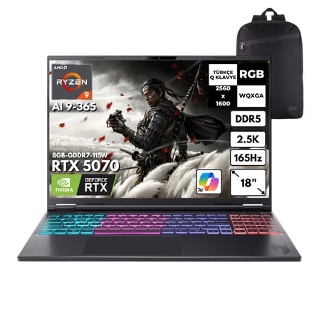 Acer Nitro 18 Ryzen AI 9-365 64-GBDDR5 1 TBSSD RTX5070 (8GB-GDDR7-115W) 18" WQXGA 2.5K 165Hz Windows 10 Pro + HMF Sırt Çantası NH.QYJEY.002HMF38