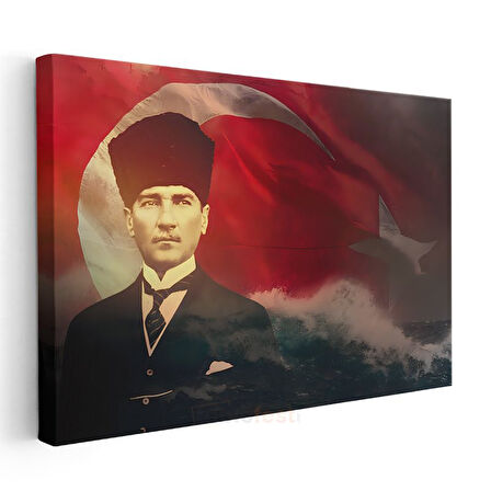 Dalgalı Bayrak - Kalpaklı Atatürk Portresi Kanvas Tablo