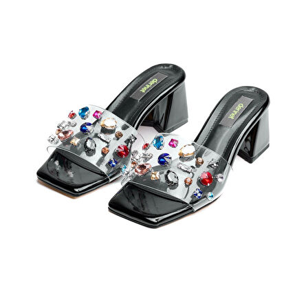 Renkli Taşlı Şeffaf Bantlı Kadın Topuklu Terlik 