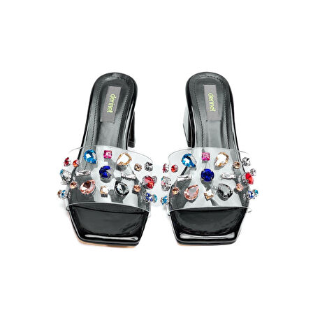 Renkli Taşlı Şeffaf Bantlı Kadın Topuklu Terlik 