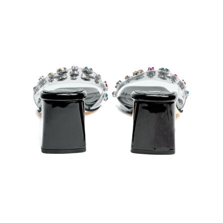 Renkli Taşlı Şeffaf Bantlı Kadın Topuklu Terlik 