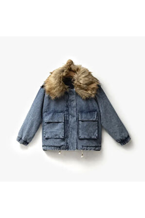 Kız Çocuk Kürk Yakalı Peluşlu Oversize Baskılı Kot Mont Ceket
