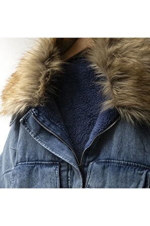Kız Çocuk Kürk Yakalı Peluşlu Oversize Baskılı Kot Mont Ceket