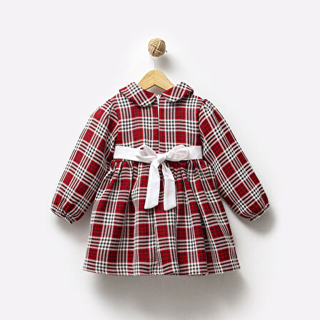 Kız Çocuk Kemerli Kırmızı Ekose Elbise