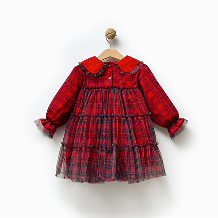 Kız Çocuk Uzun Kol Kadife Yaka Kırmızı Tüllü Elbise