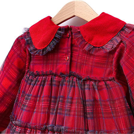 Kız Çocuk Uzun Kol Kadife Yaka Kırmızı Tüllü Elbise