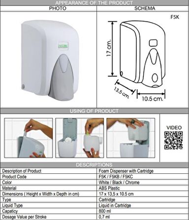 Vialli F5K Kartuşlu Köpük Sabun Dispenseri Beyaz 800ml