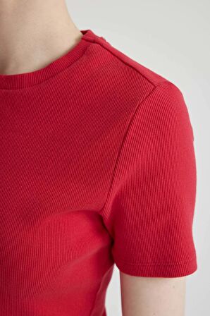 DeFacto Coool Bodycon Vücudu Saran Bisiklet Yaka Fitilli Kaşkorse Kısa Kollu Mini Elbise C1503AX24SPRD166