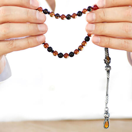 1000 Ayar Gümüş Kazaz Püsküllü Küre Kesim Sarı-Siyah Ateş Kehribar Tesbih