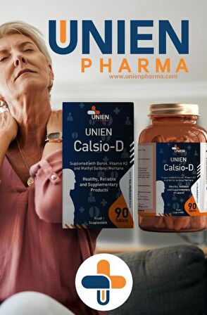 UNIEN Pharma Calsio-D 90 Tablet / Kalsiyum, Magnezyum, Çinko, Manganez, Bakır, Vitamin D3, Vitamin K2, L-Lizin, Vitamin C, Bromelain, Bor, Balık Yağı, Metil Sülfonil Metan ve Zerdeçal Ekstresi İçeren Takviye Edici Gıda