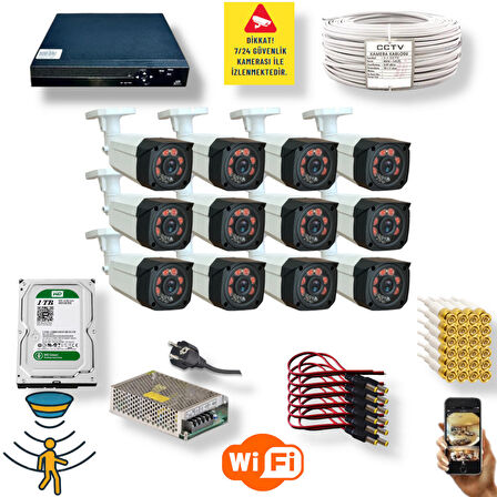 12 Kameralı Set - Hareket Algilayan 1080P Gece Görüşlü 5MP Sony Lens Güvenlik Kamerasi Seti 7808