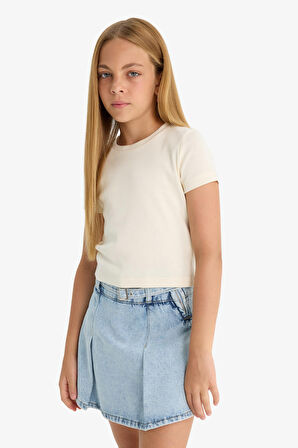 DeFacto Kız Çocuk Slim Fit Dar Kesim Bisiklet Yaka Ribana Basic Düz Kısa Kollu Tişört B3054A824SMER99