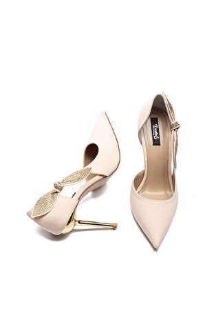 Yüksek Topuklu Taş İşleme Fiyonk Tokalı Nubuk Kadın Abiye Ayakkabı 820