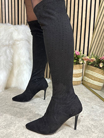 Günlük Kadın Taşlı İnce Yüksek Topuklu Sivri Burunlu Fermuarsız İnceltici Etkili Abiye Çizme 820