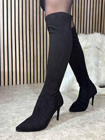 Günlük Kadın Taşlı İnce Yüksek Topuklu Sivri Burunlu Fermuarsız İnceltici Etkili Abiye Çizme 820