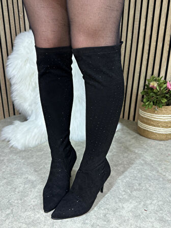 Günlük Kadın Taşlı İnce Yüksek Topuklu Sivri Burunlu Fermuarsız İnceltici Etkili Abiye Çizme 820