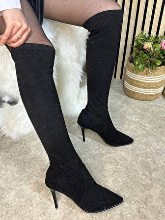 Günlük Kadın Taşlı İnce Yüksek Topuklu Sivri Burunlu Fermuarsız İnceltici Etkili Abiye Çizme 820