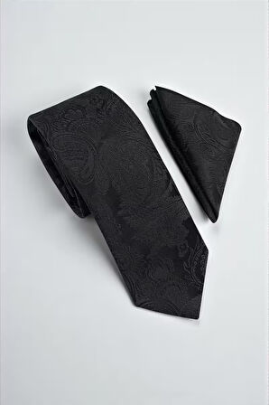 Şal Desen Siyah Kravat & Mendil