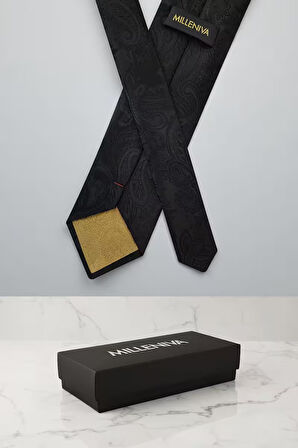 Şal Desen Siyah Kravat & Mendil