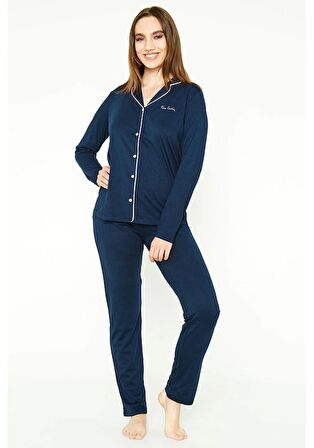 Pierre Cardin 7717 Uzun Kol Gömlek Tip Kadın Pijama Takımı Lacivert