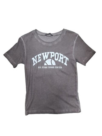 Myzen Kadın Newport Baskılı Yıkamalı Crop T-shirt M-03436