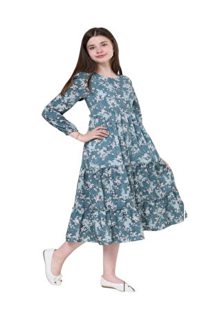 Gülücük Kids G00662-423 Kız Çoçuk Empirme Çicekli Elbise - Gülücük - Yeşil - ST00662-Yeşil-12 YAŞ